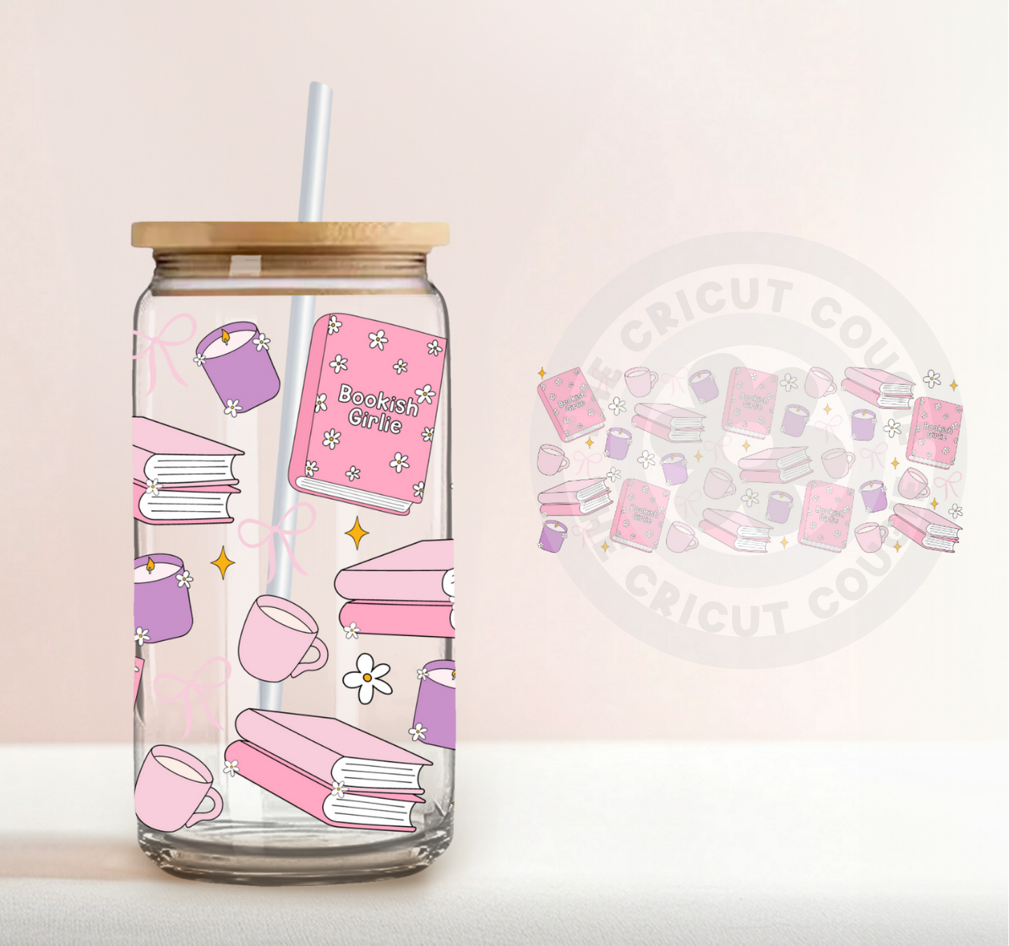 Bookish Girlie Candle Print Clear 16 oz. Glass Cup