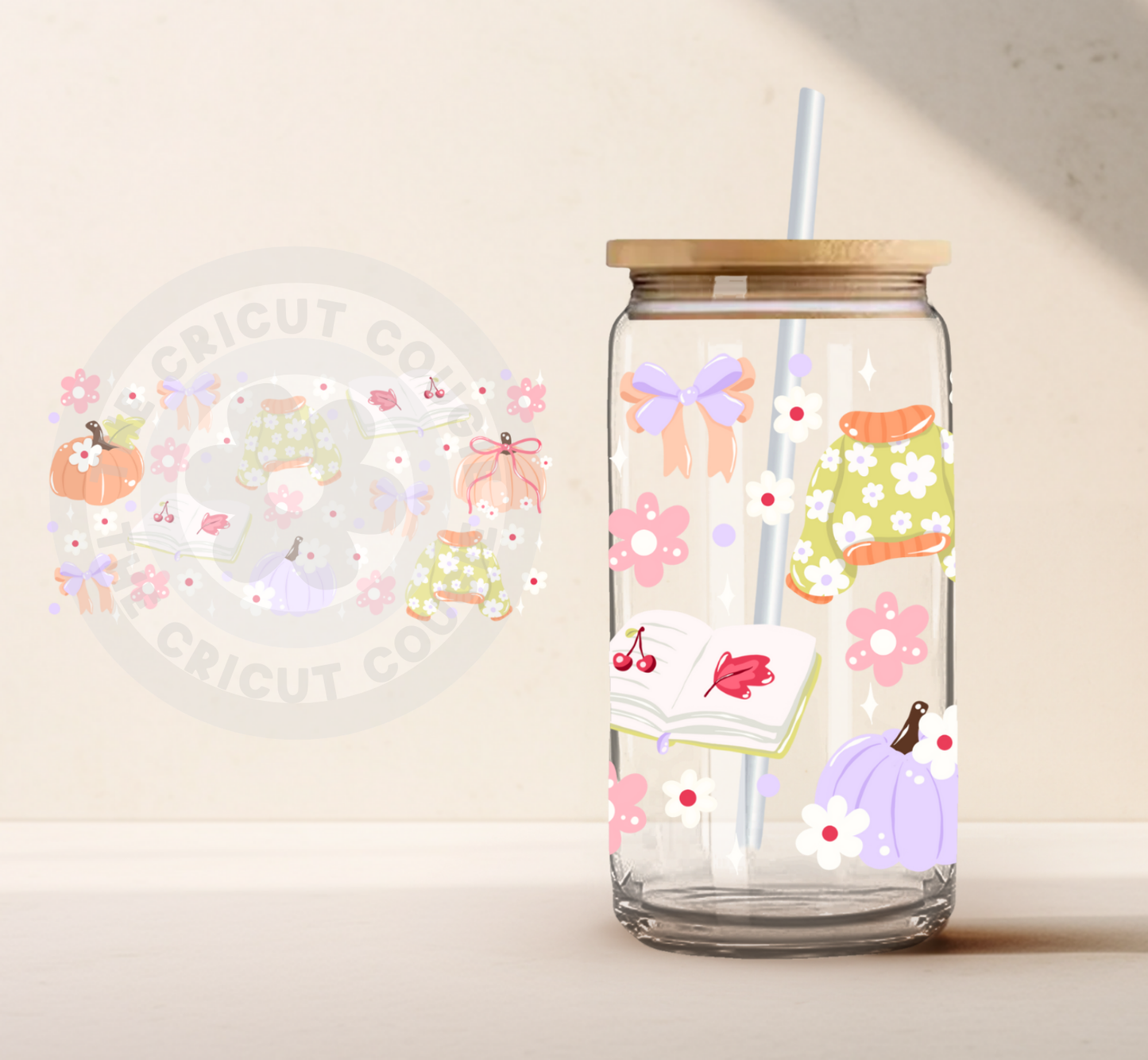 Fall Books Pumpkin Bows Print Clear 16 oz. Glass Cup