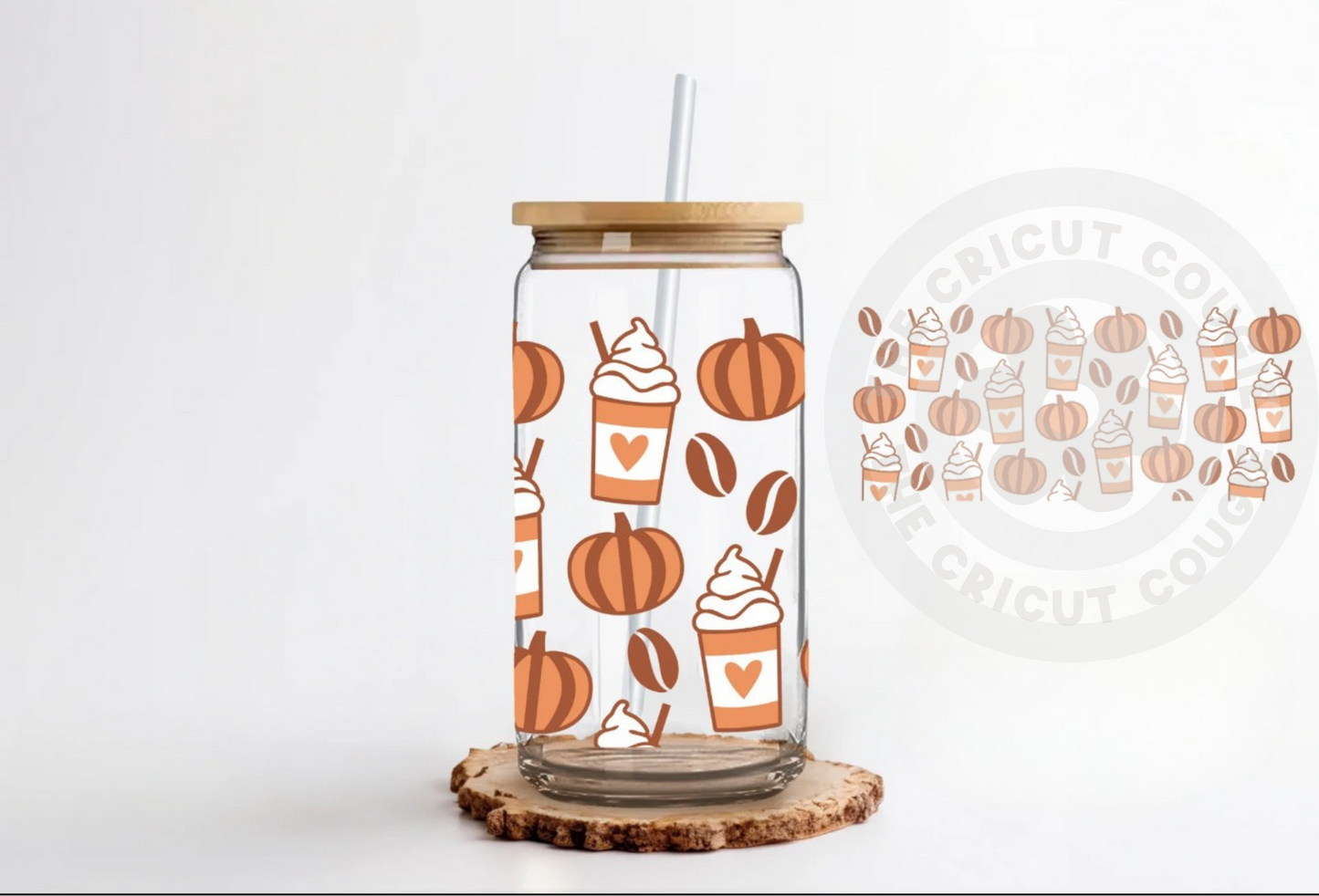 Fall Pumpkin Coffee Print Clear 16 oz. Glass Cup