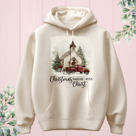 Beige Christmas Begins with Christ Hoodie