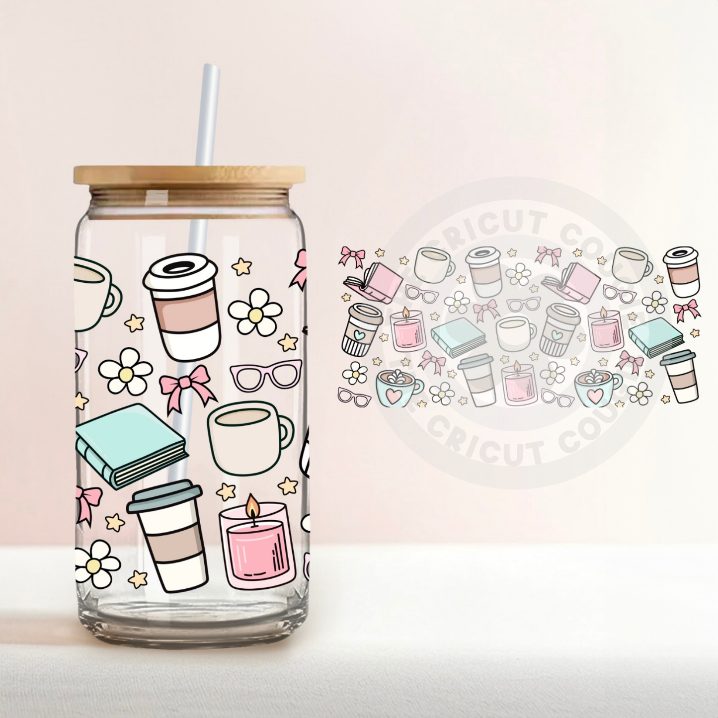 Bookish Coffee Bows Print Clear 16 oz. Glass Cup