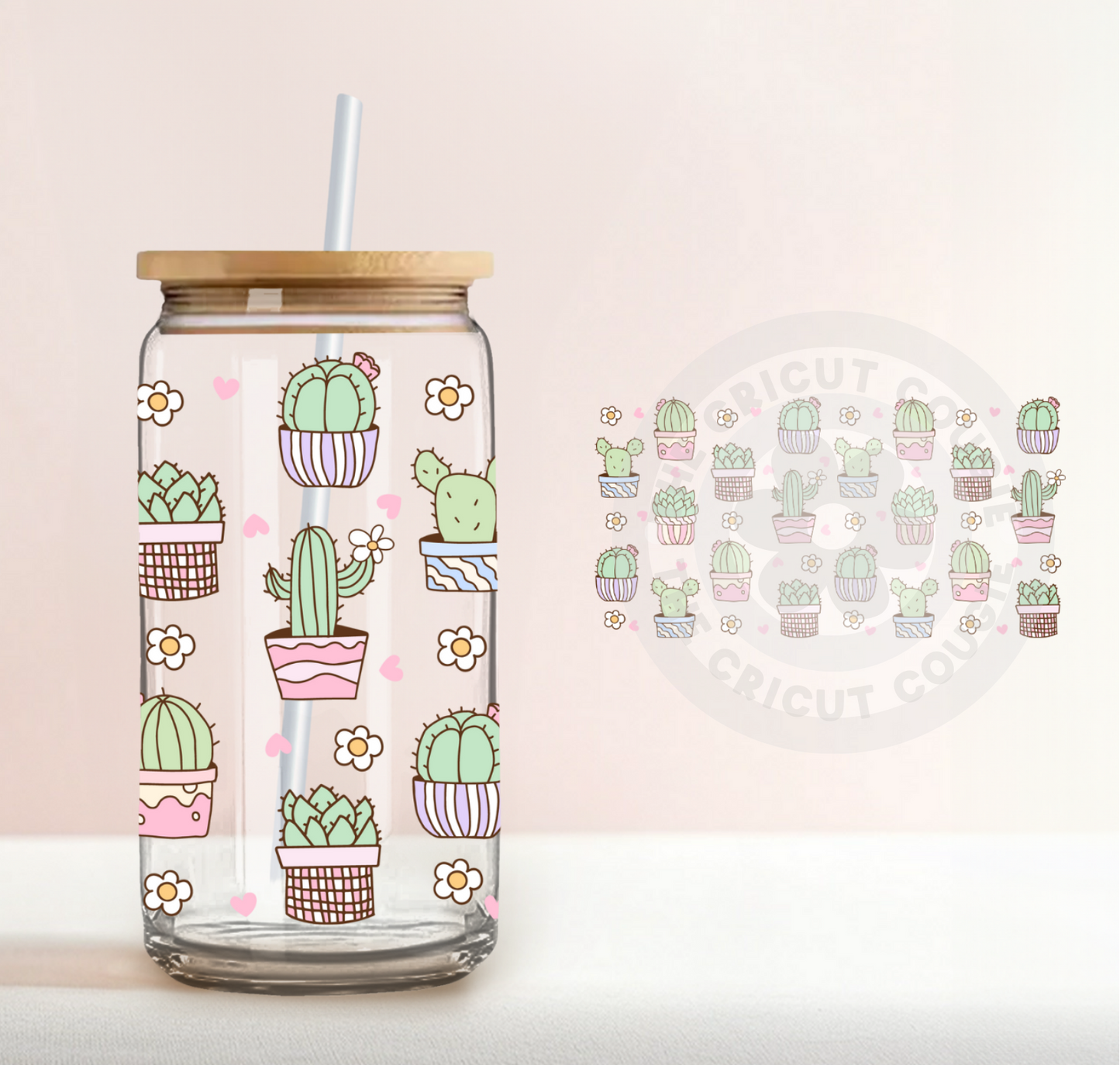 Cute Cacti Pastel Flowers Print Clear 16 oz. Glass Cup