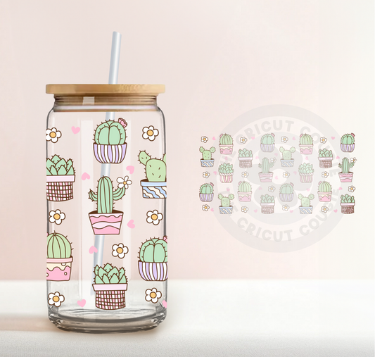 Cute Cacti Pastel Flowers Print Clear 16 oz. Glass Cup