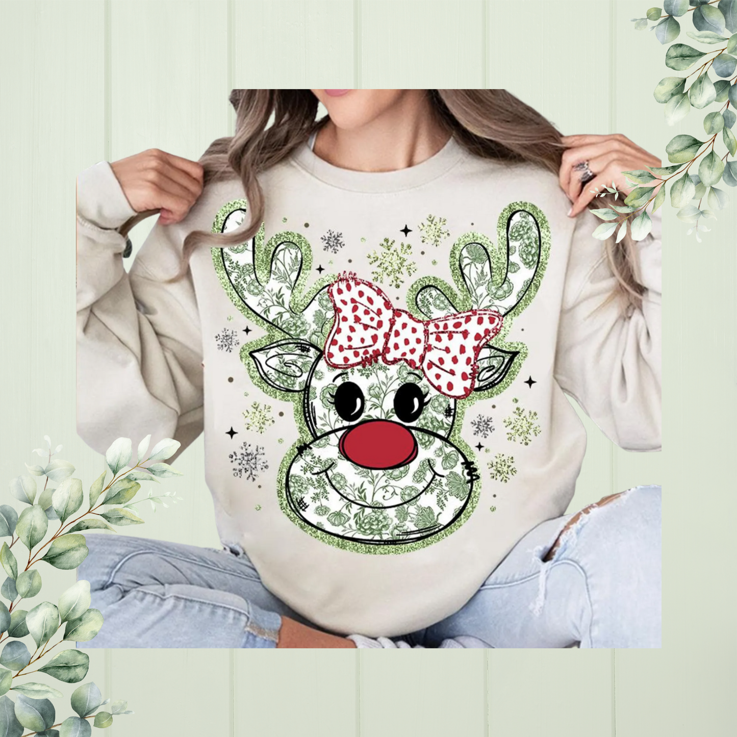 Green Floral Reindeer Crewneck