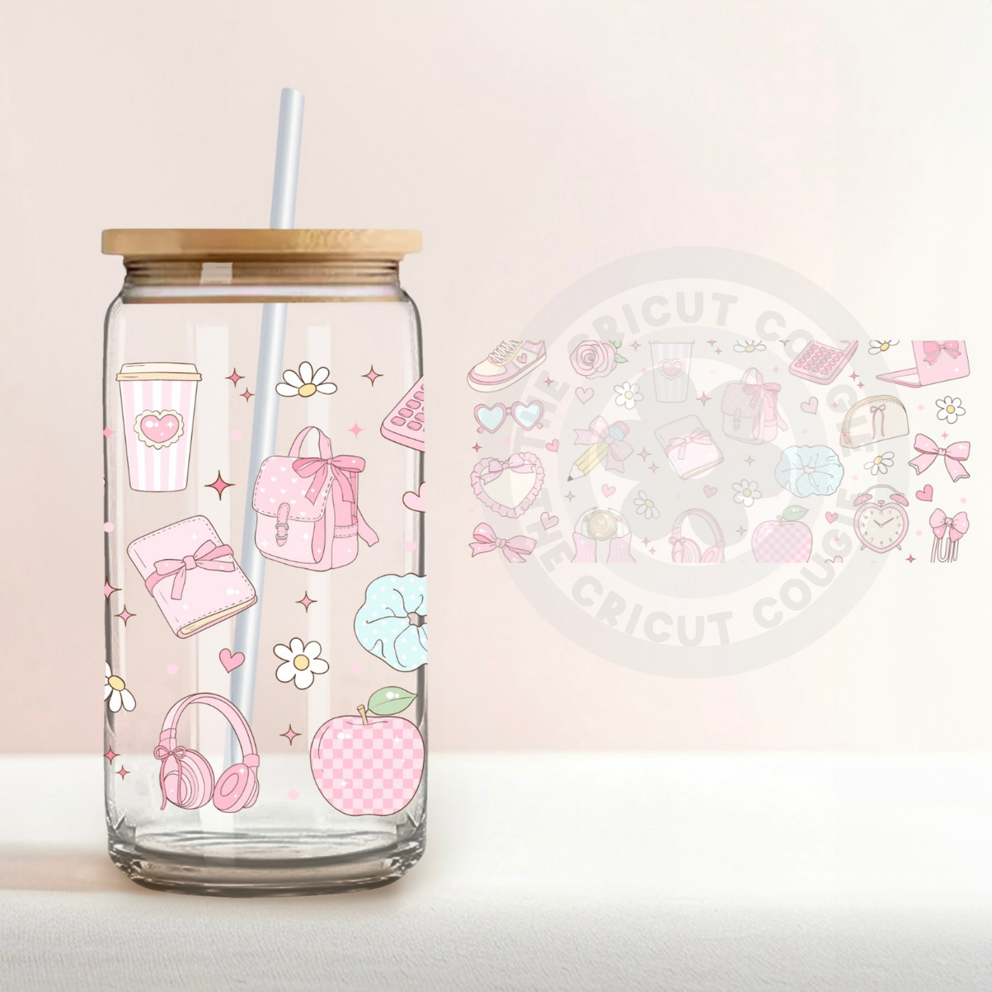 Office School Bows Print Clear 16 oz. Glass Cup