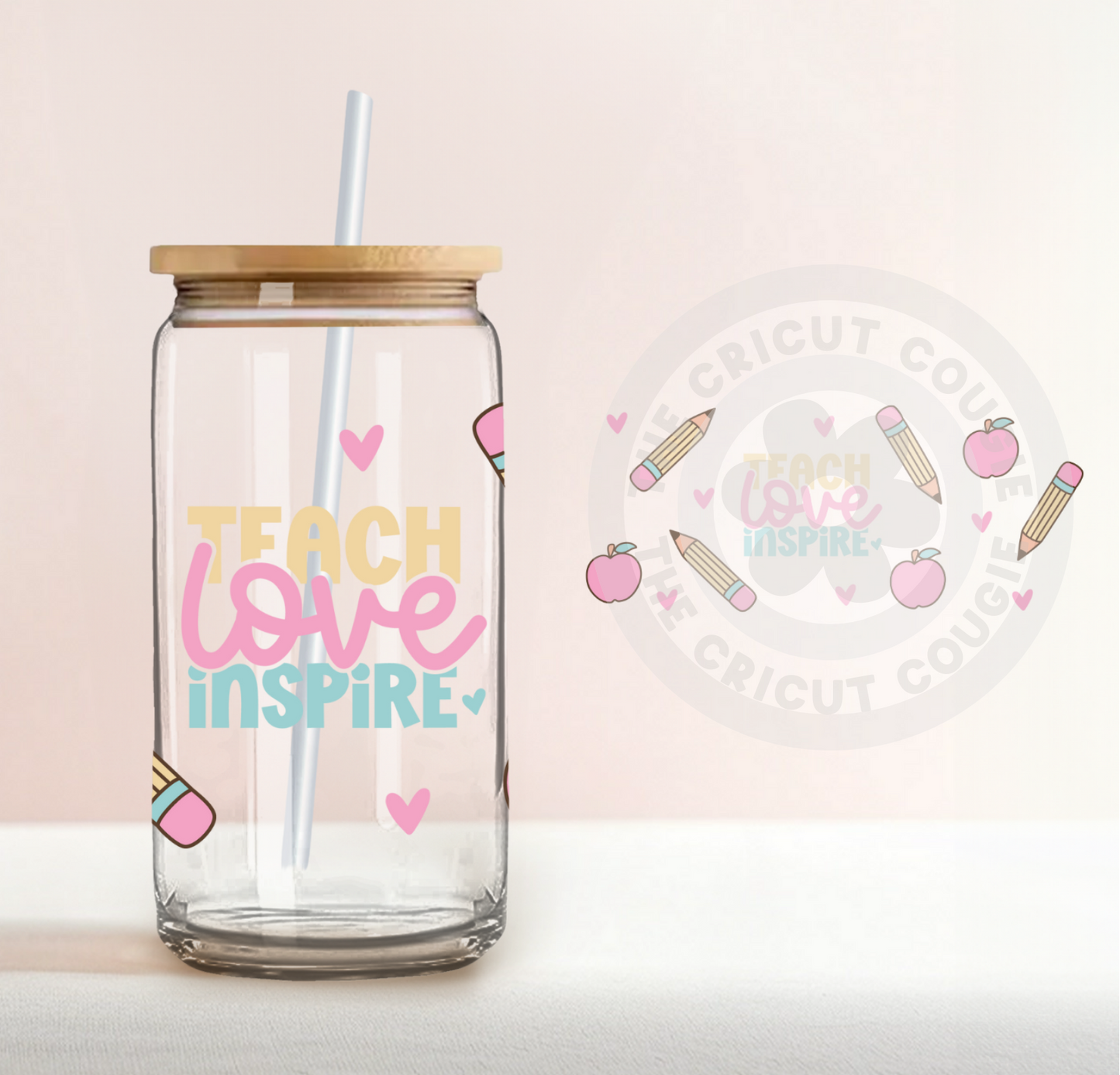 Teach Love Inspire Print Clear 16 oz. Glass Cup